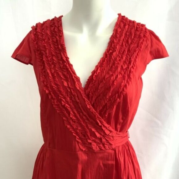 Calvin Klein Wrap Dress Red V-neck Ruffle Detail Cap Sleeve 6 - Picture 4 of 12